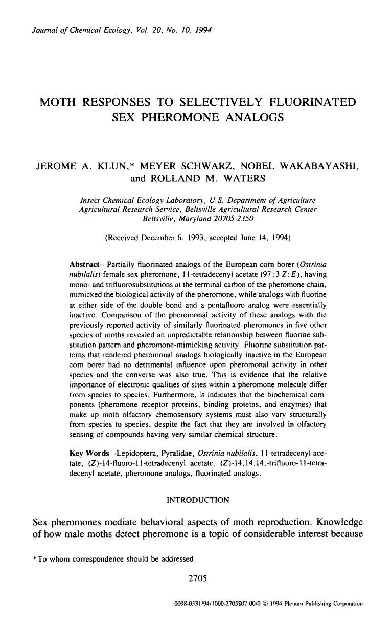 Moth responses to selectively fluorinated sex pheromone analogs by Unknown