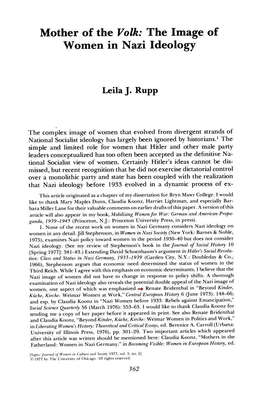 Mother of the Volk; The Image of Women in Nazi Ideology by Unknown