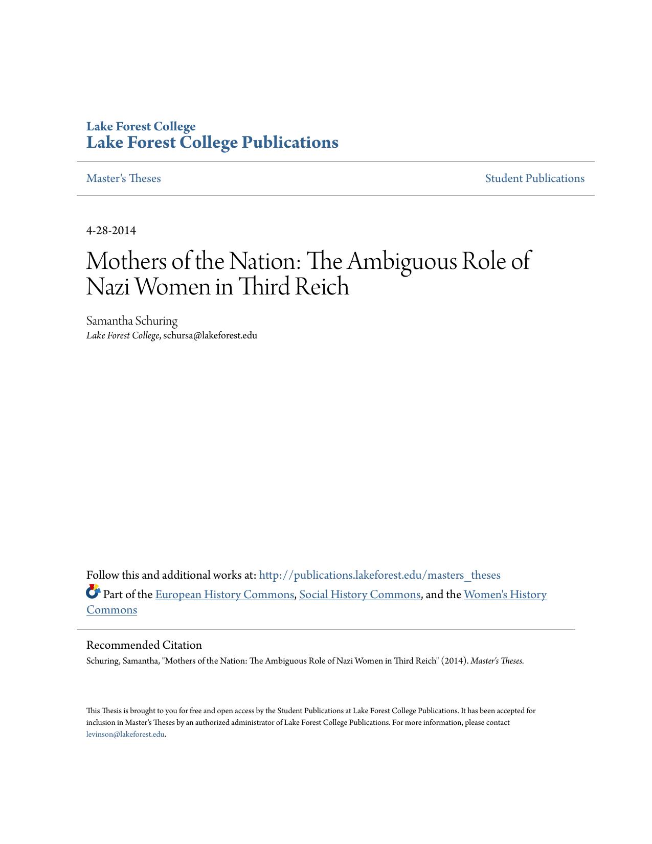 Mothers of the Nation: The Ambiguous Role of Nazi Women in Third Reich by Samantha Schuring