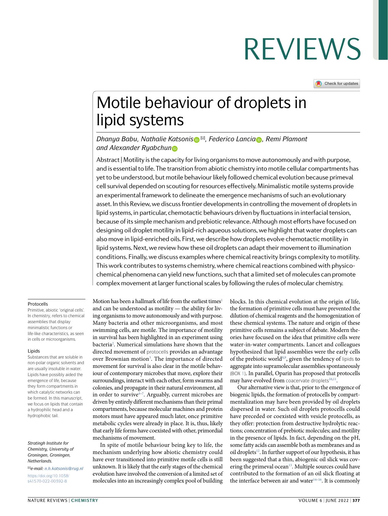 Motile behaviour of droplets in lipid systems by Dhanya Babu & Nathalie Katsonis & Federico Lancia & Remi Plamont & Alexander Ryabchun