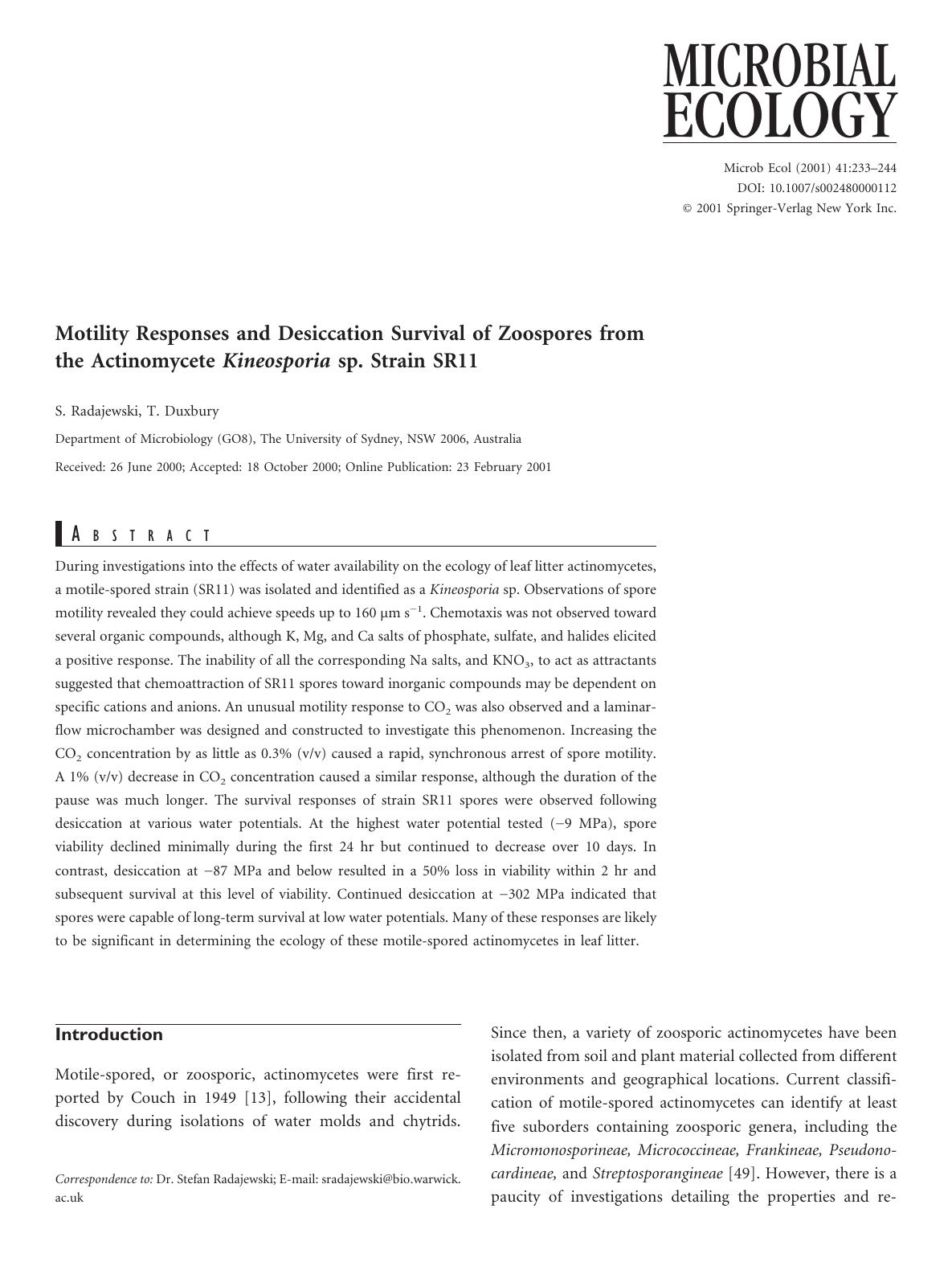 Motility Responses and Desiccation Survival of Zoospores from the Actinomycete Kineosporia sp. Strain SR11 by Radajewski S. et al