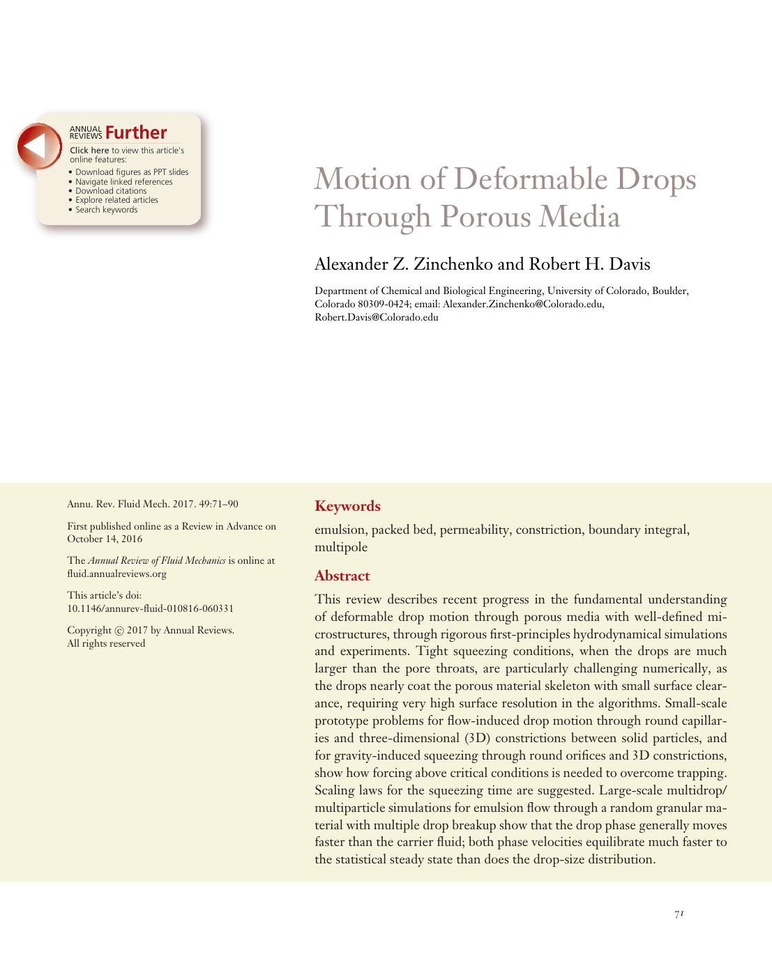 Motion of Deformable Drops Through Porous Media by Alexander Z. Zinchenko and Robert H. Davis