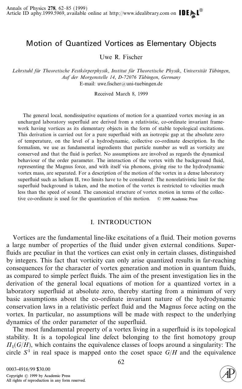 Motion of Quantized Vortices as Elementary Objects by Fischer U. R