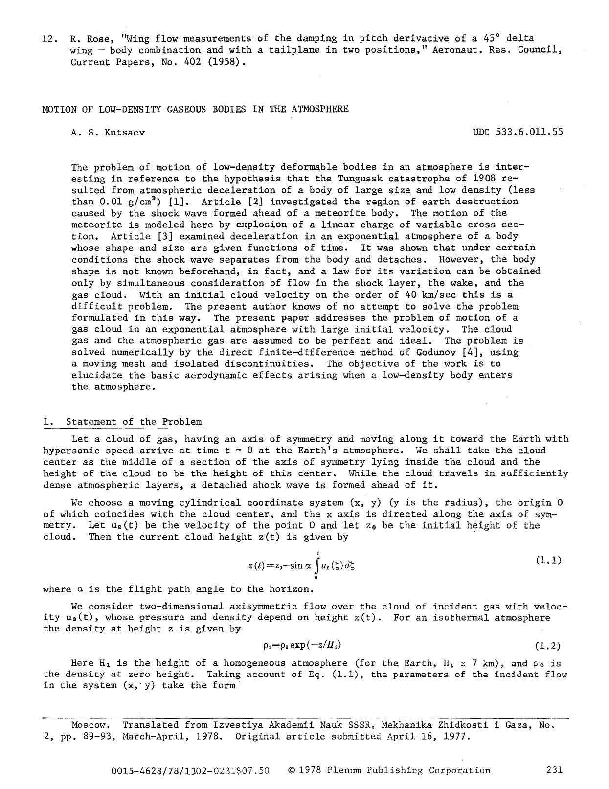 Motion of low-density gaseous bodies in the atmosphere by Unknown