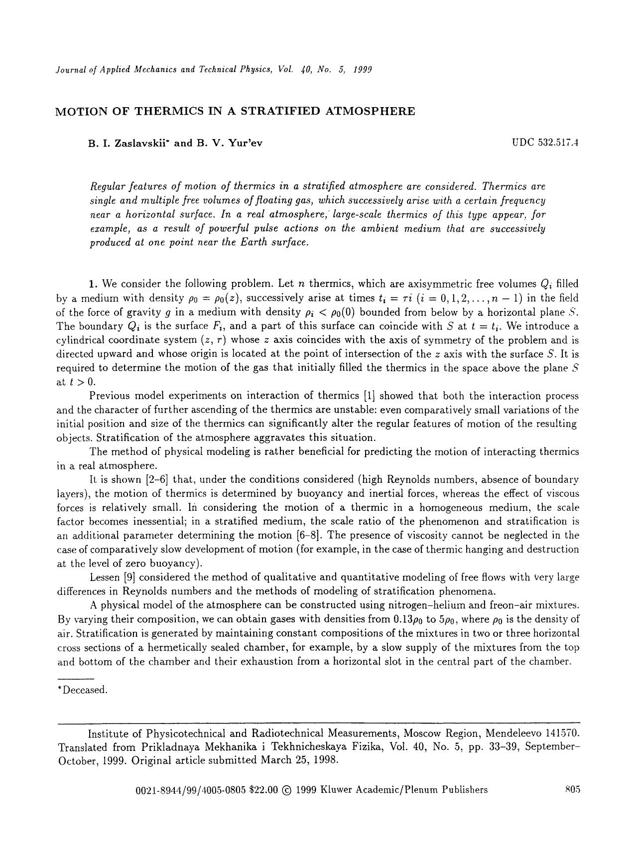 Motion of thermics in a stratified atmosphere by Unknown