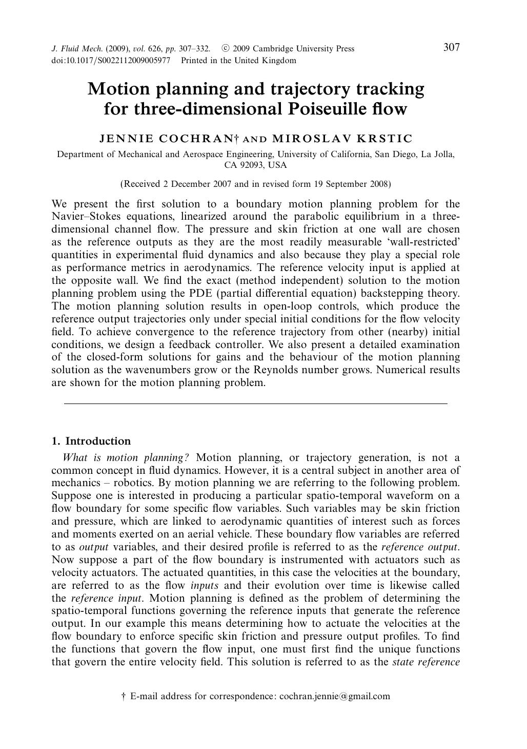 Motion planning and trajectory tracking for three-dimensional Poiseuille flow by JENNIE COCHRAN MIROSLAV KRSTIC