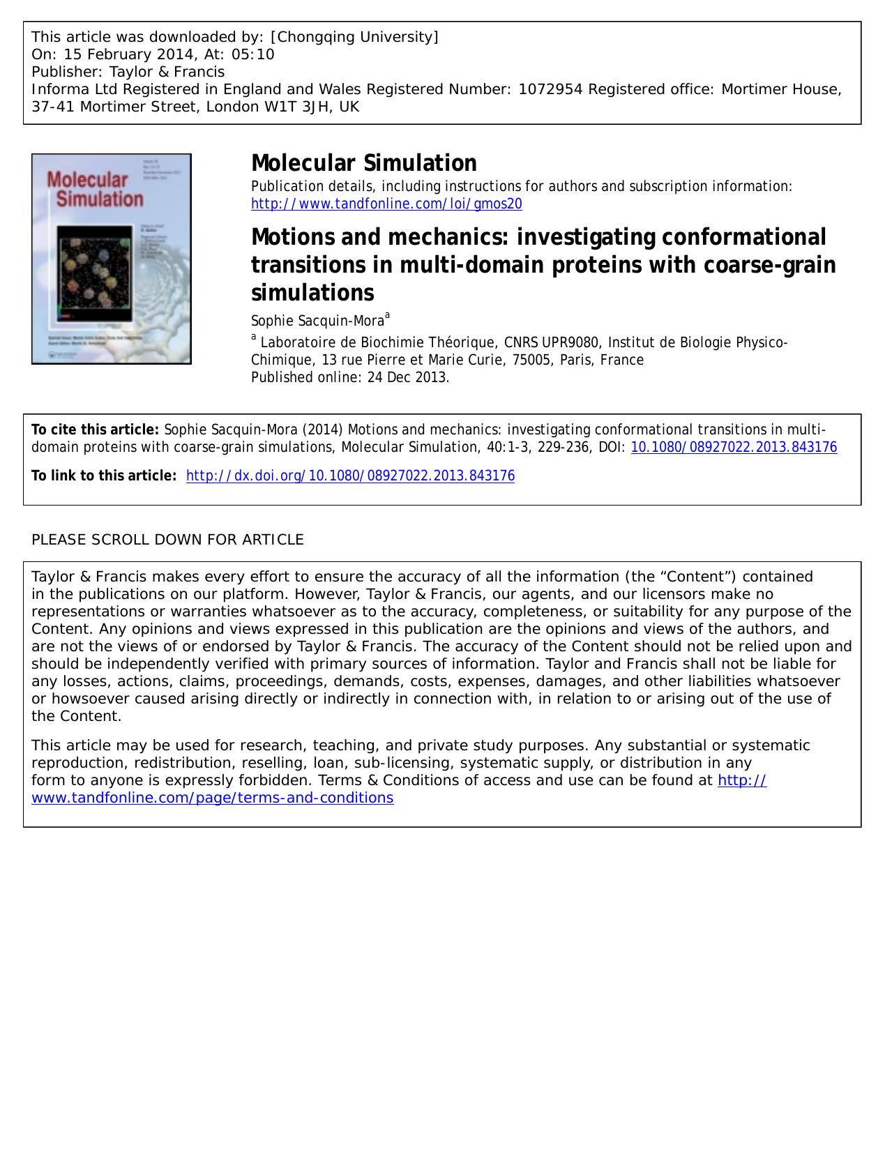 Motions and mechanics: investigating conformational transitions in multi-domain proteins with coarse-grain simulations by Sophie Sacquin-Mora