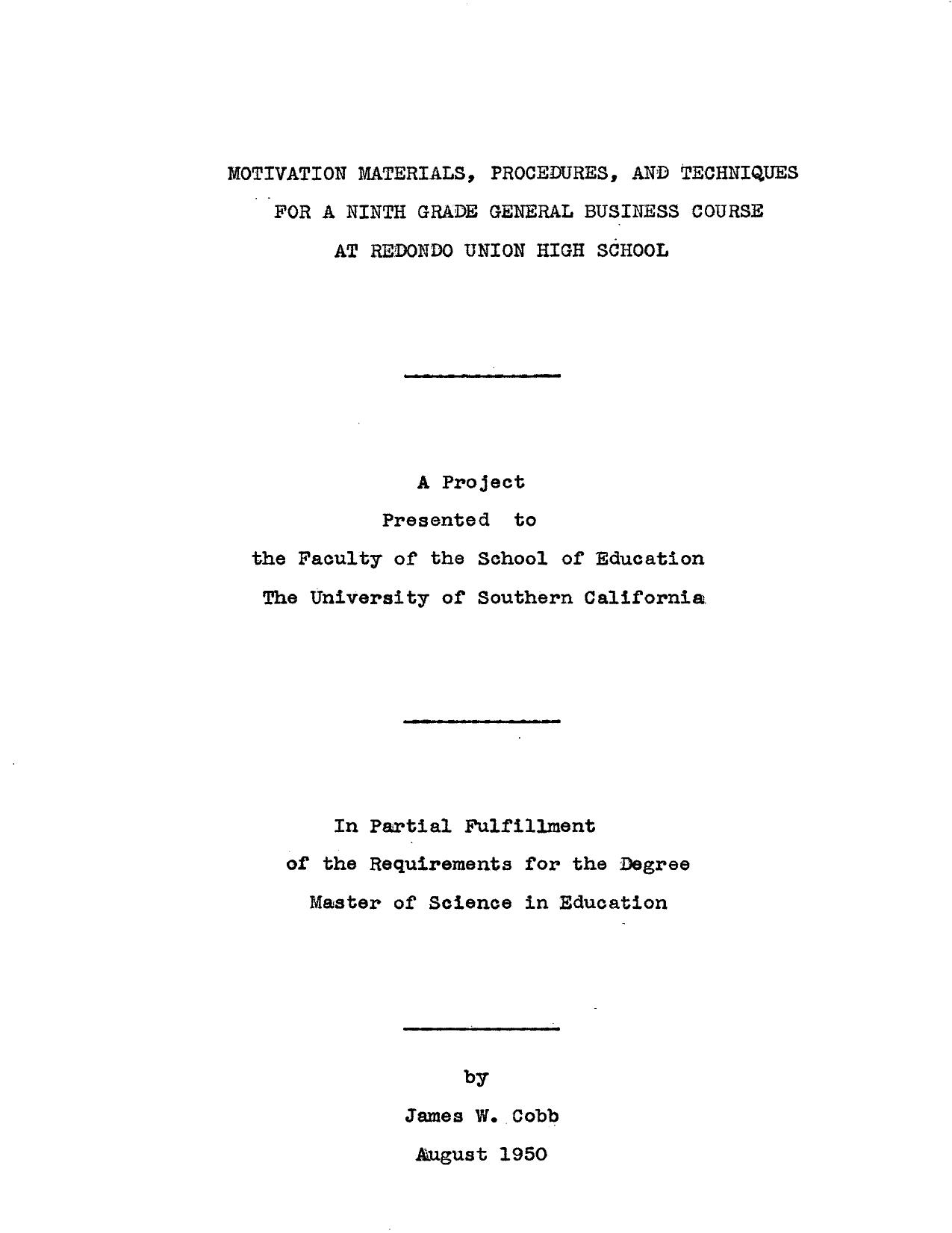 Motivation materials, procedures, and techniques for a ninth grade general business course at Redondo Union High School by Cobb James W