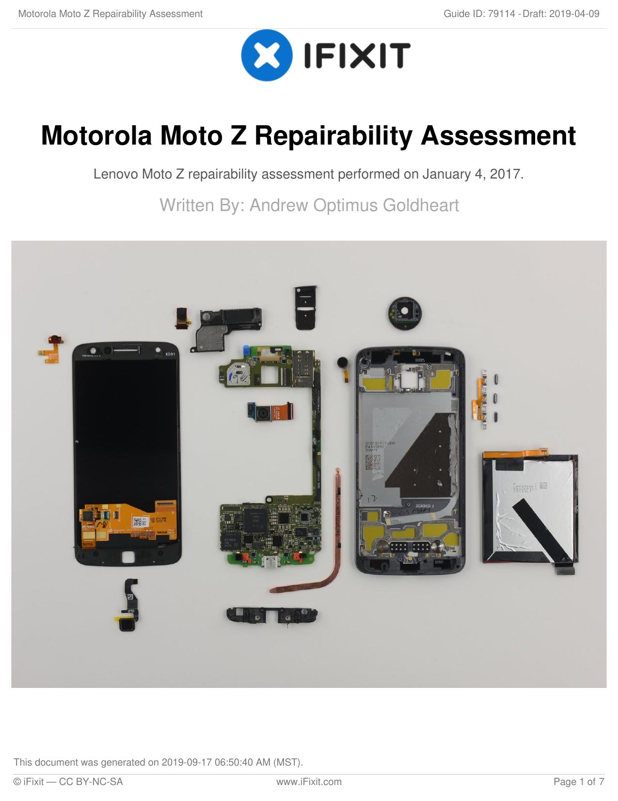 Motorola Moto Z Repairability Assessment by Unknown