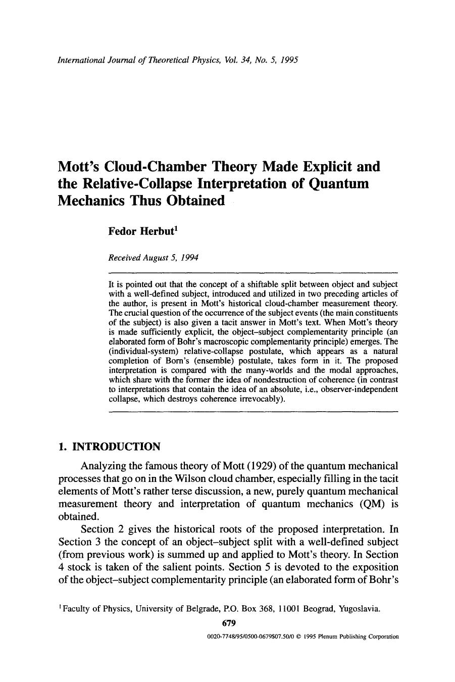 Mott's cloud-chamber theory made explicit and the relative-collapse interpretation of quantum mechanics thus obtained by Unknown