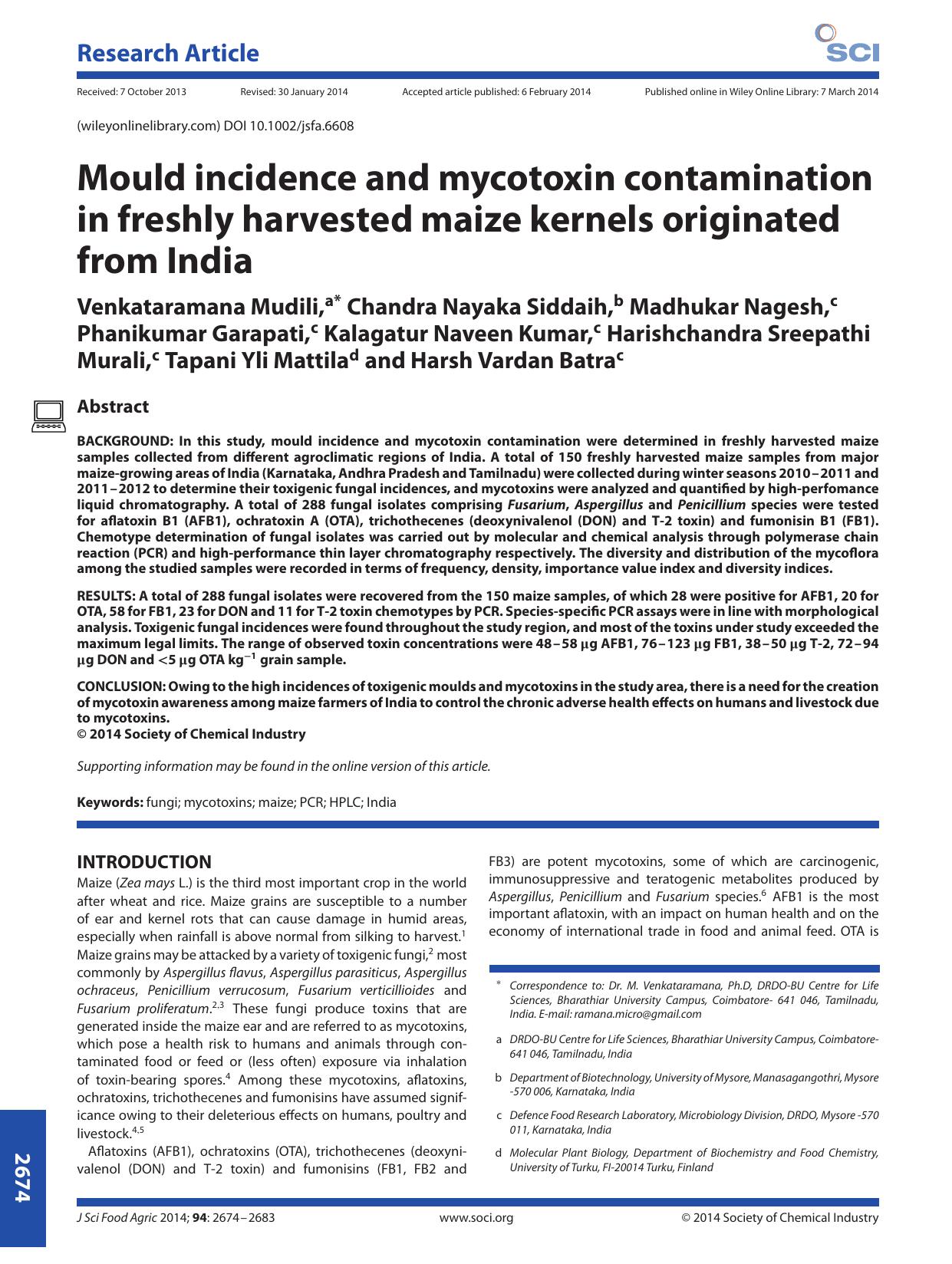 Mould incidence and mycotoxin contamination in freshly harvested maize kernels originated from India by Unknown