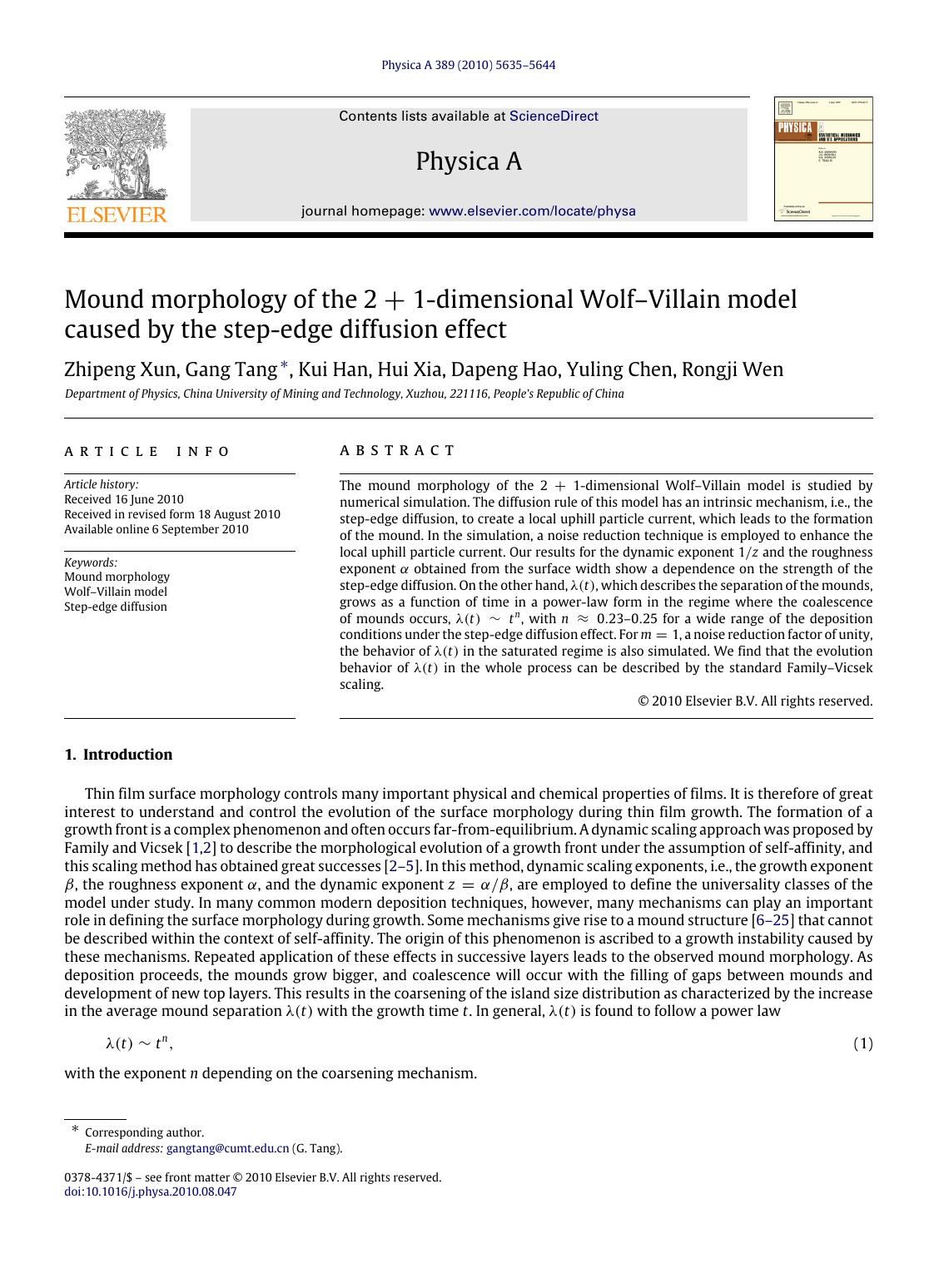 Mound morphology of the 2+1-dimensional Wolf–Villain model caused by the step-edge diffusion effect by Zhipeng Xun & Gang Tang & Kui Han & Hui Xia & Dapeng Hao & Yuling Chen & Rongji Wen