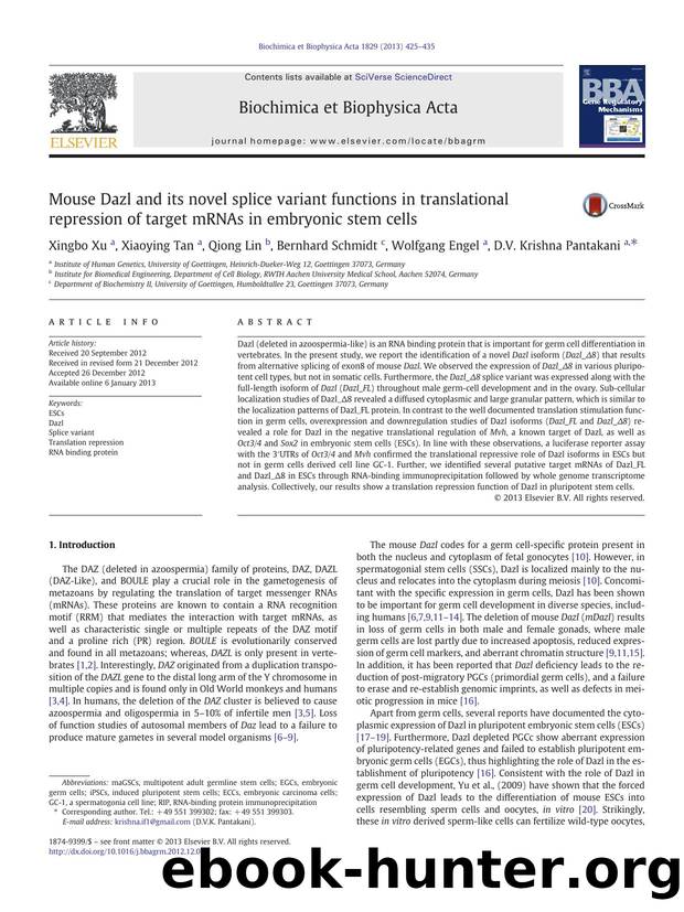 Mouse Dazl and its novel splice variant functions in translational repression of target mRNAs in embryonic stem cells by Xingbo Xu & Xiaoying Tan & Qiong Lin & Bernhard Schmidt & Wolfgang Engel & D.V. Krishna Pantakani