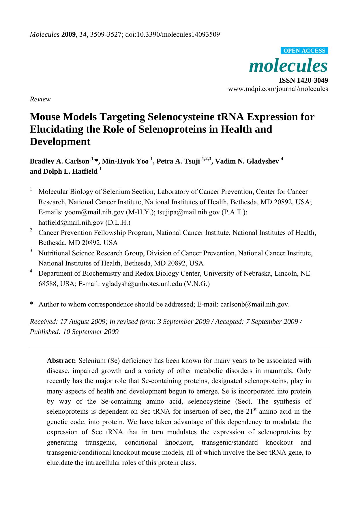 Mouse Models Targeting Selenocysteine tRNA Expression for Elucidating the Role of Selenoproteins in Health and Development by Bradley A. Carlson & Min-Hyuk Yoo & Petra A. Tsuji & Vadim N. Gladyshev & Dolph L. Hatfield