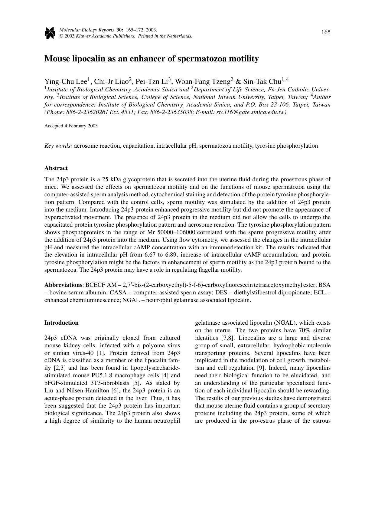 Mouse lipocalin as an enhancer of spermatozoa motility by Unknown