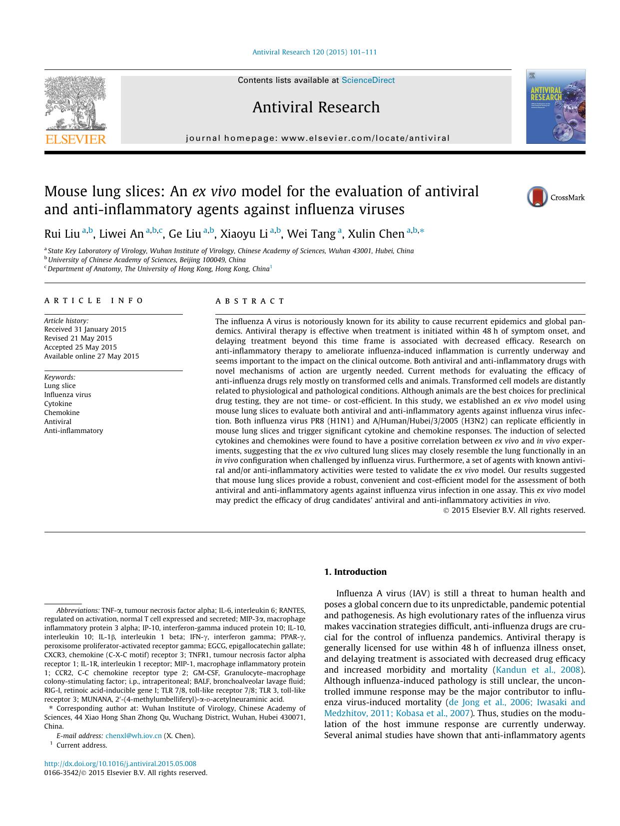 Mouse lung slices: An ex vivo model for the evaluation of antiviral and anti-inflammatory agents against influenza viruses by Rui Liu & Liwei An & Ge Liu & Xiaoyu Li & Wei Tang & Xulin Chen