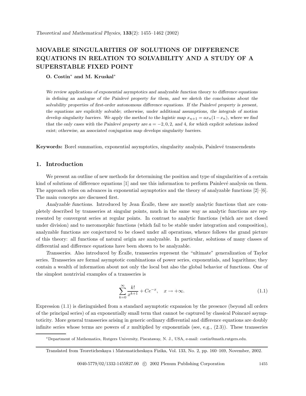 Movable Singularities of Solutions of Difference Equations in Relation to Solvability and a Study of a Superstable Fixed Point by Unknown