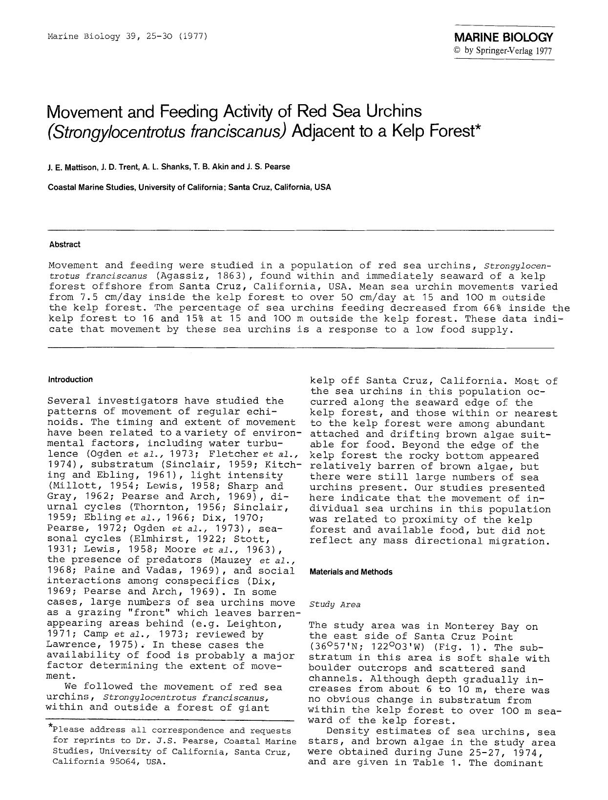 Movement and feeding activity of red sea urchins (<Emphasis Type="Italic">Strongylocentrotus franciscanus<Emphasis>) adjacent to a kelp forest by Unknown