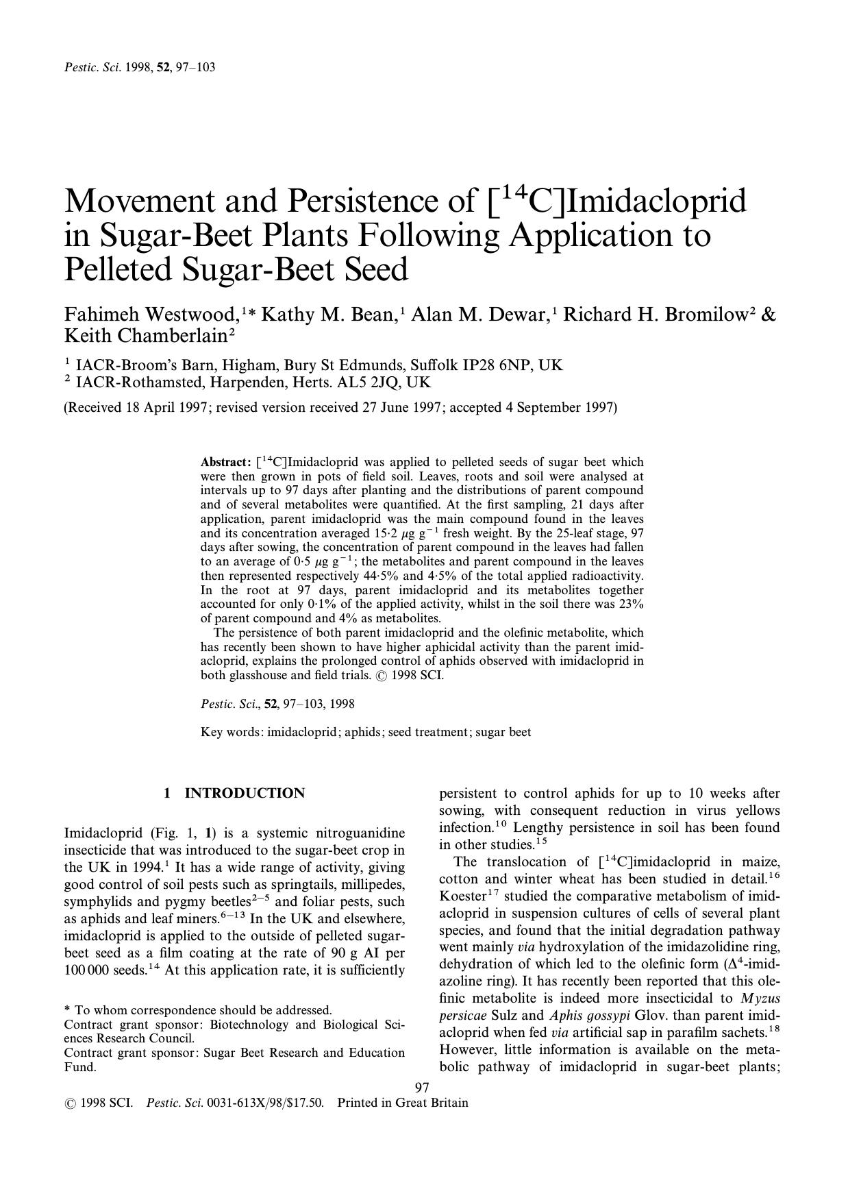 Movement and persistence of [14C]imidacloprid in sugarbeet plants following application to pelleted sugarbeet seed by Westwood Bean Dewar Bromilow Chamberlain