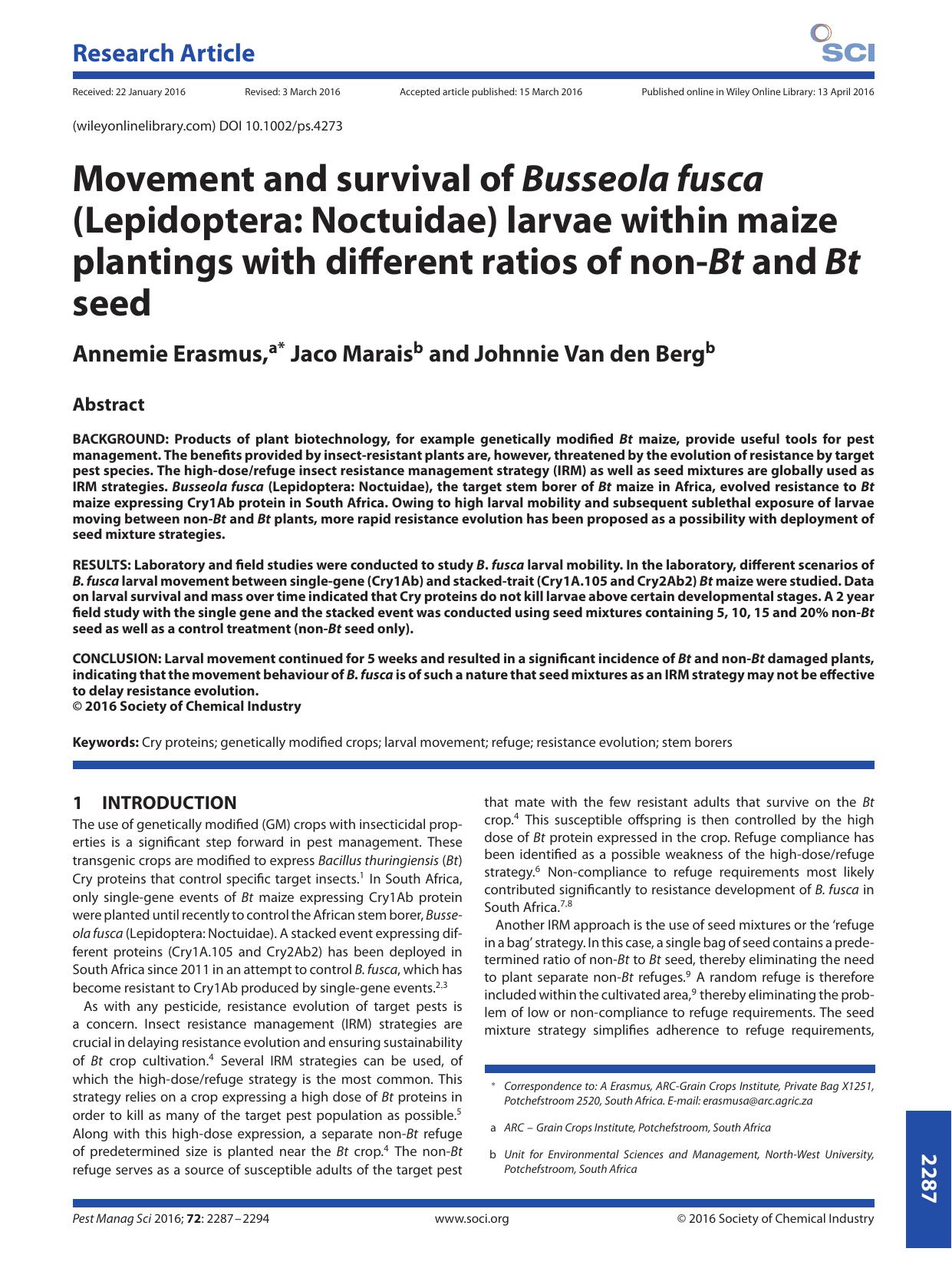 Movement and survival of Busseola fusca (Lepidoptera: Noctuidae) larvae within maize plantings with different ratios of non-Bt and Bt seed by Unknown
