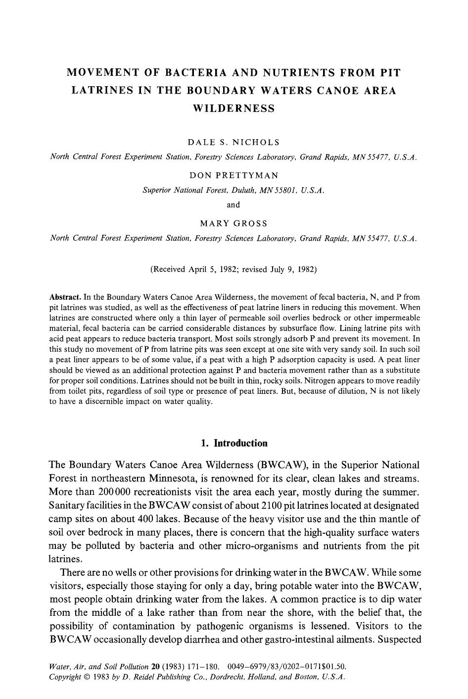 Movement of bacteria and nutrients from pit latrines in the boundary waters canoe area wilderness by Unknown