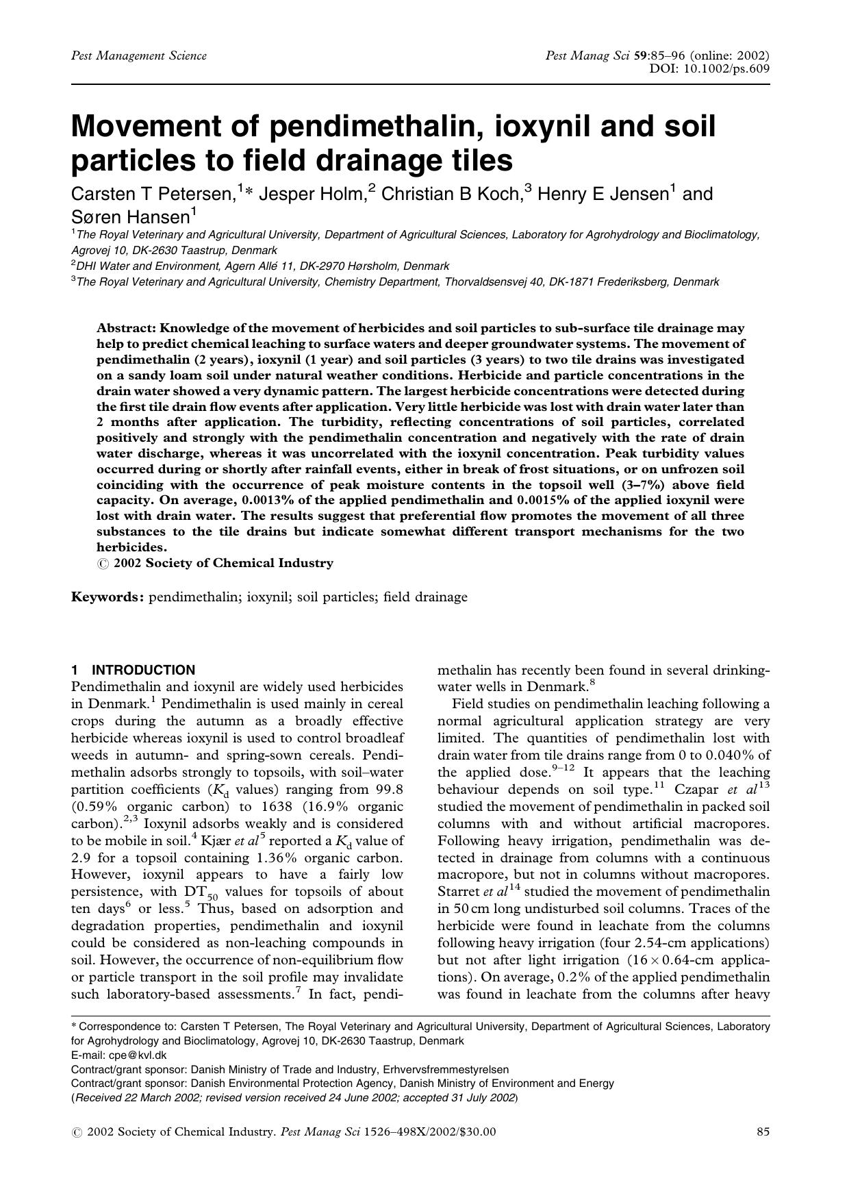 Movement of pendimethalin, ioxynil and soil particles to field drainage tiles by Unknown