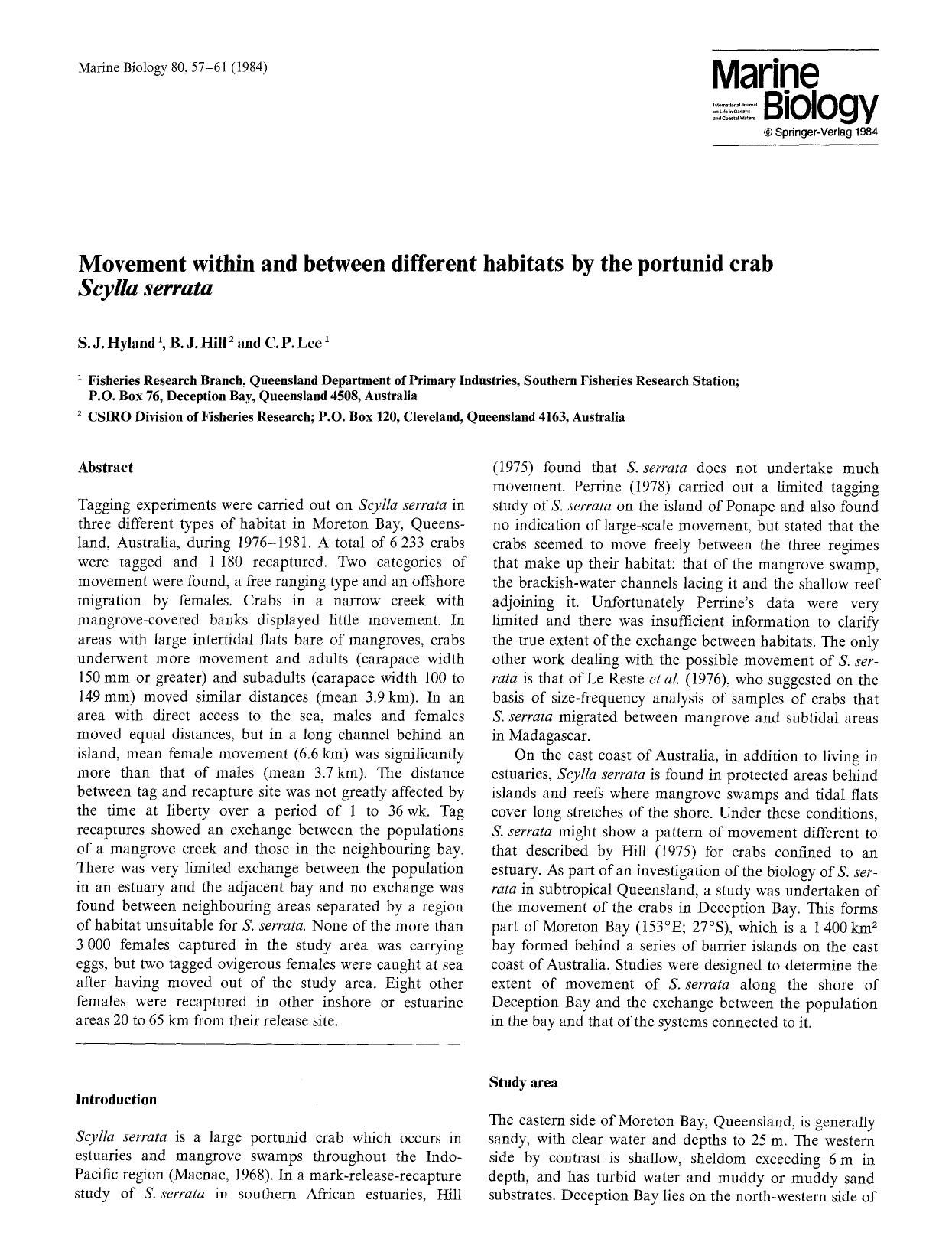Movement within and between different habitats by the portunid crab <Emphasis Type="Italic">Scylla serrata<Emphasis> by Unknown