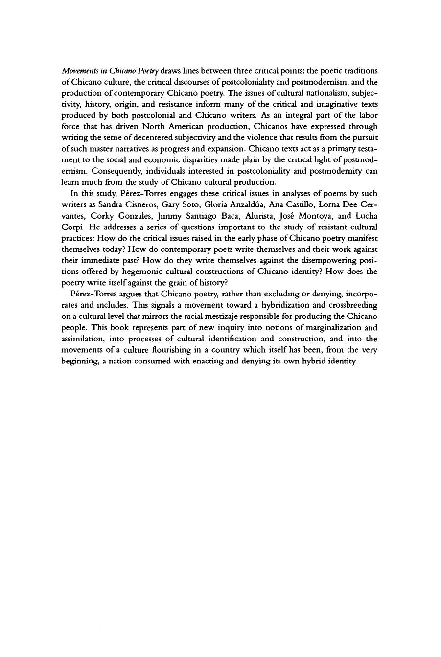 Movements in Chicano Poetry: Against Myths, against Margins by Rafael Perez-Torres