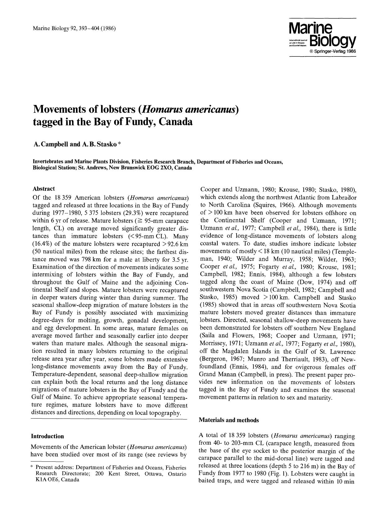 Movements of lobsters (<Emphasis Type="Italic">Homarus americanus<Emphasis>) tagged in the Bay of Fundy, Canada by Unknown