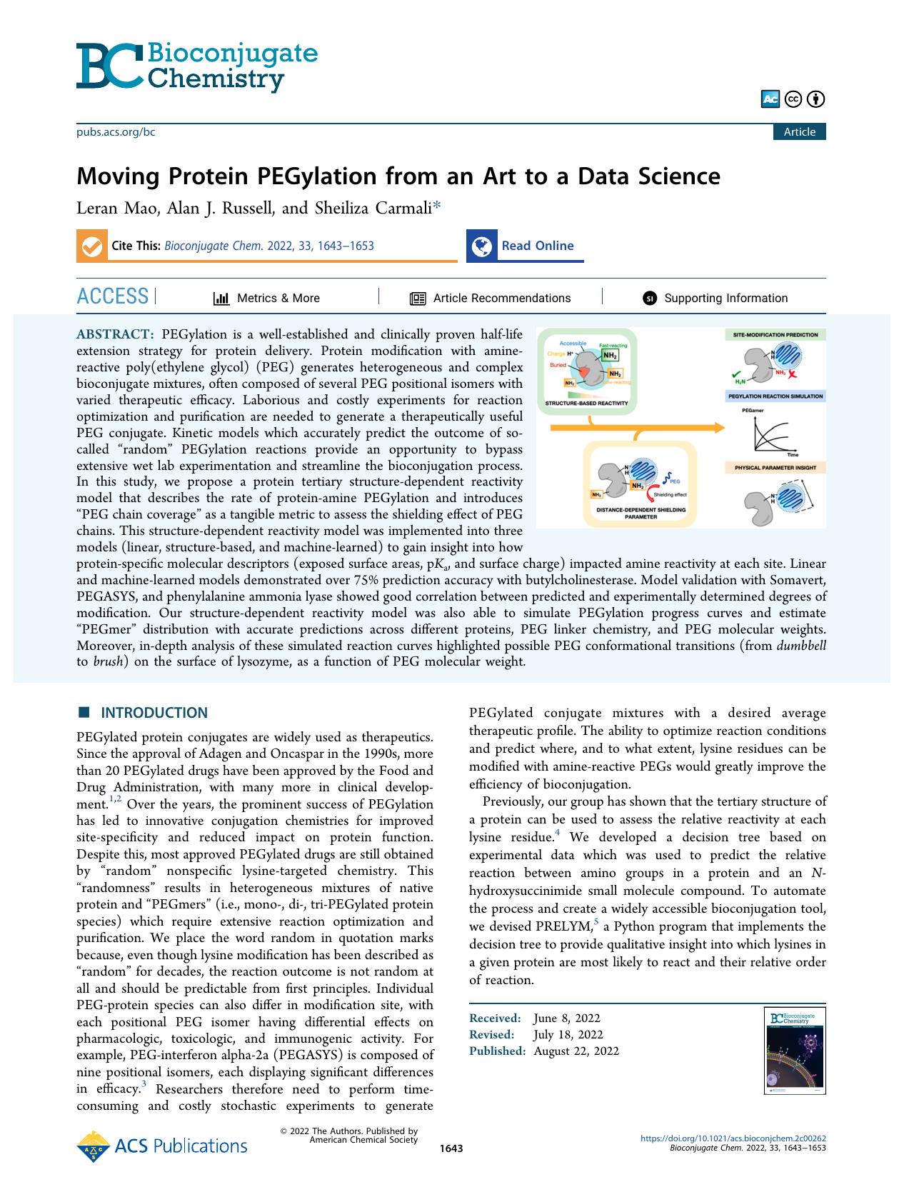 Moving Protein PEGylation from an Art to a Data Science by Leran Mao Alan J. Russell and Sheiliza Carmali