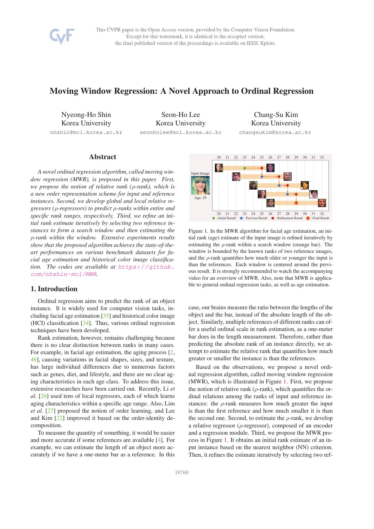 Moving Window Regression: A Novel Approach to Ordinal Regression by Nyeong-Ho Shin & Seon-Ho Lee & Chang-Su Kim