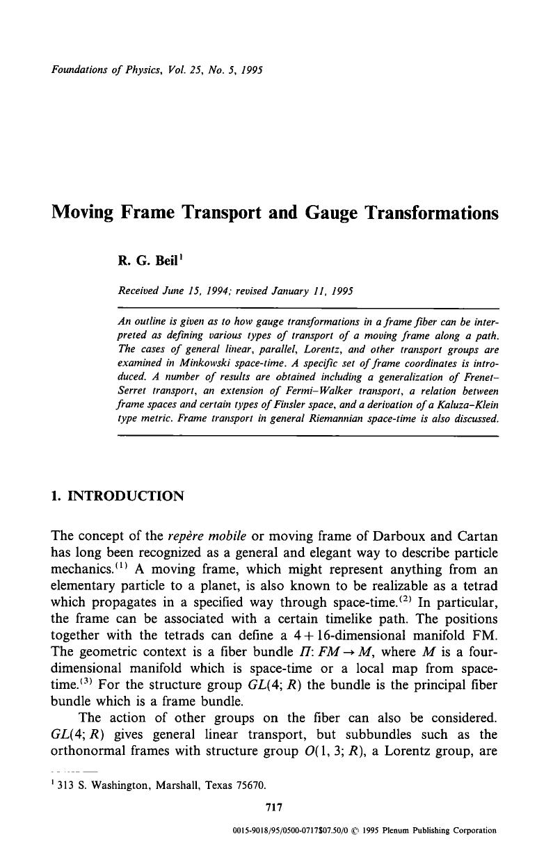 Moving frame transport and gauge transformations by Unknown