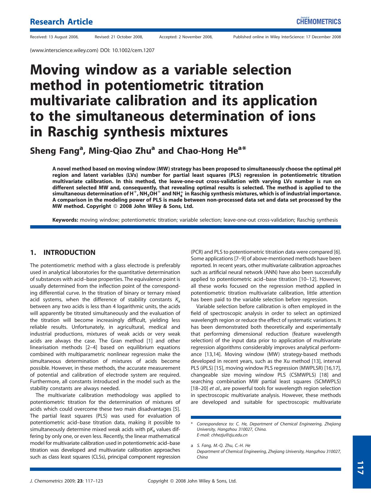 Moving window as a variable selection method in potentiometric titration multivariate calibration and its application to the simultaneous determination of ions in Raschig synthesis mixtures by Unknown