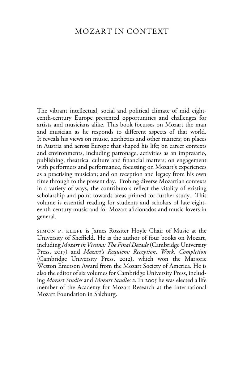 Mozart in Context (Composers in Context) by Simon P. Keefe (editor)