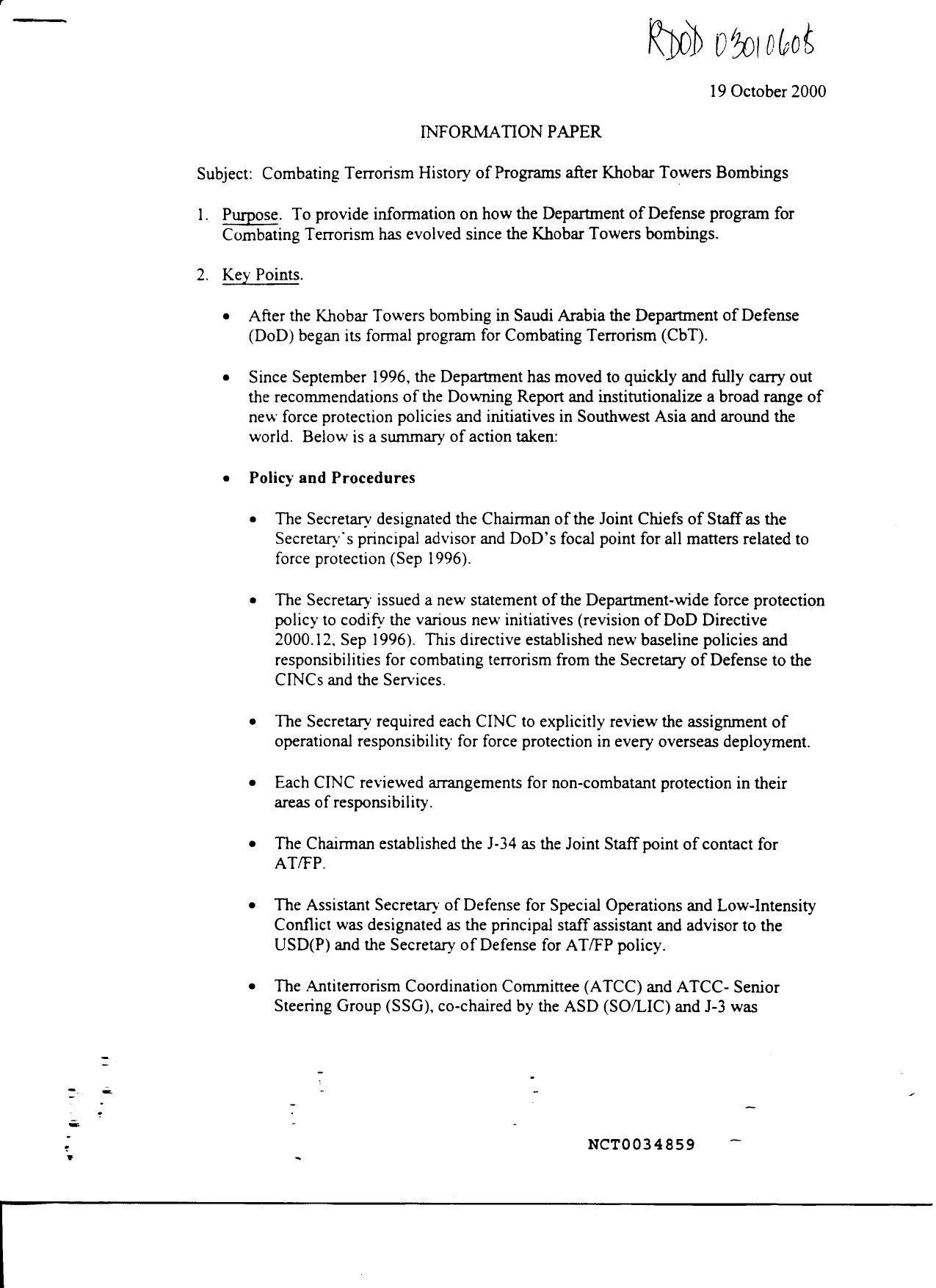 Mstr B98 RDOD03010607-08 Fdr- Info Ppr- Combating Terrorism History of Programs after Khobar 106 by Unknown