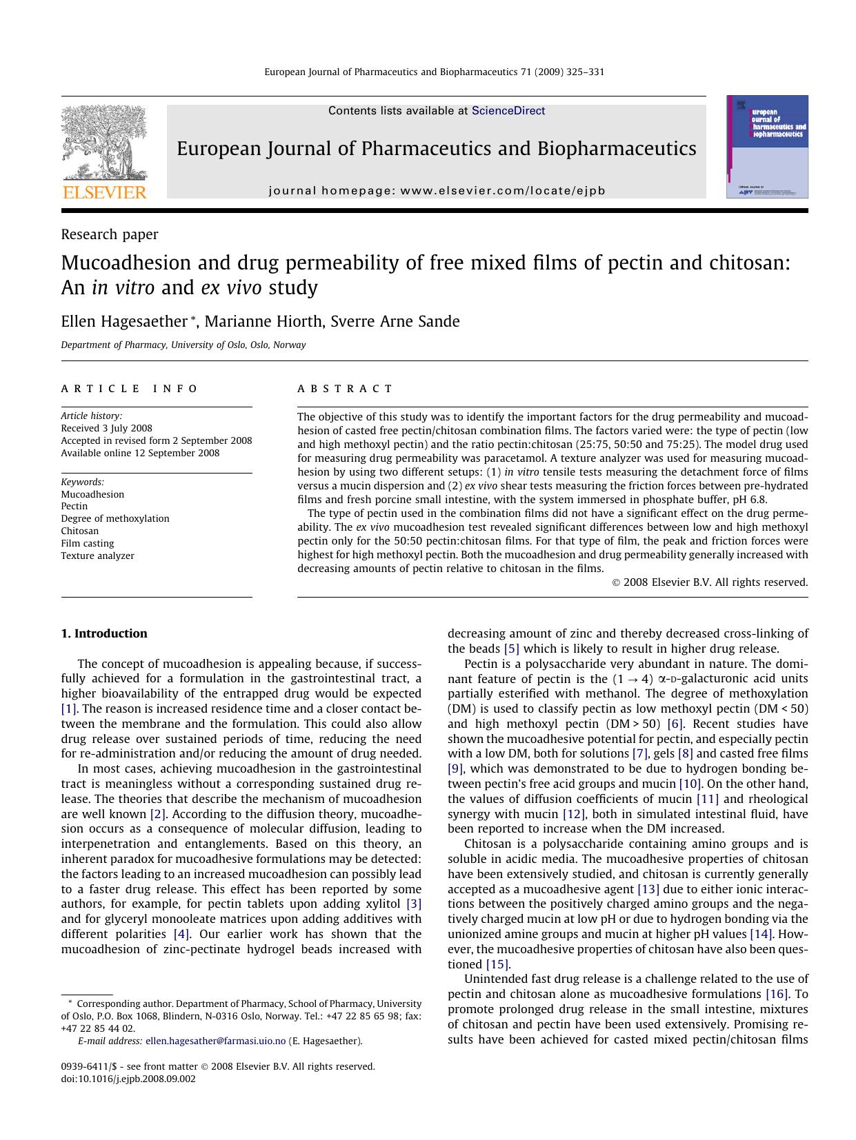 Mucoadhesion and drug permeability of free mixed films of pectin and chitosan: An in vitro and ex vivo study by Ellen Hagesaether; Marianne Hiorth; Sverre Arne Sande