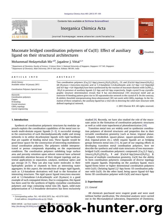 Muconate bridged coordination polymers of Cu(II): Effect of auxiliary ligand on their structural architectures by Mohammad Hedayetullah Mir & Jagadese J. Vittal
