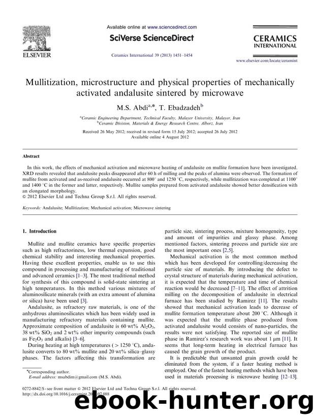 Mullitization, microstructure and physical properties of mechanically activated andalusite sintered by microwave by M.S. Abdi & T. Ebadzadeh