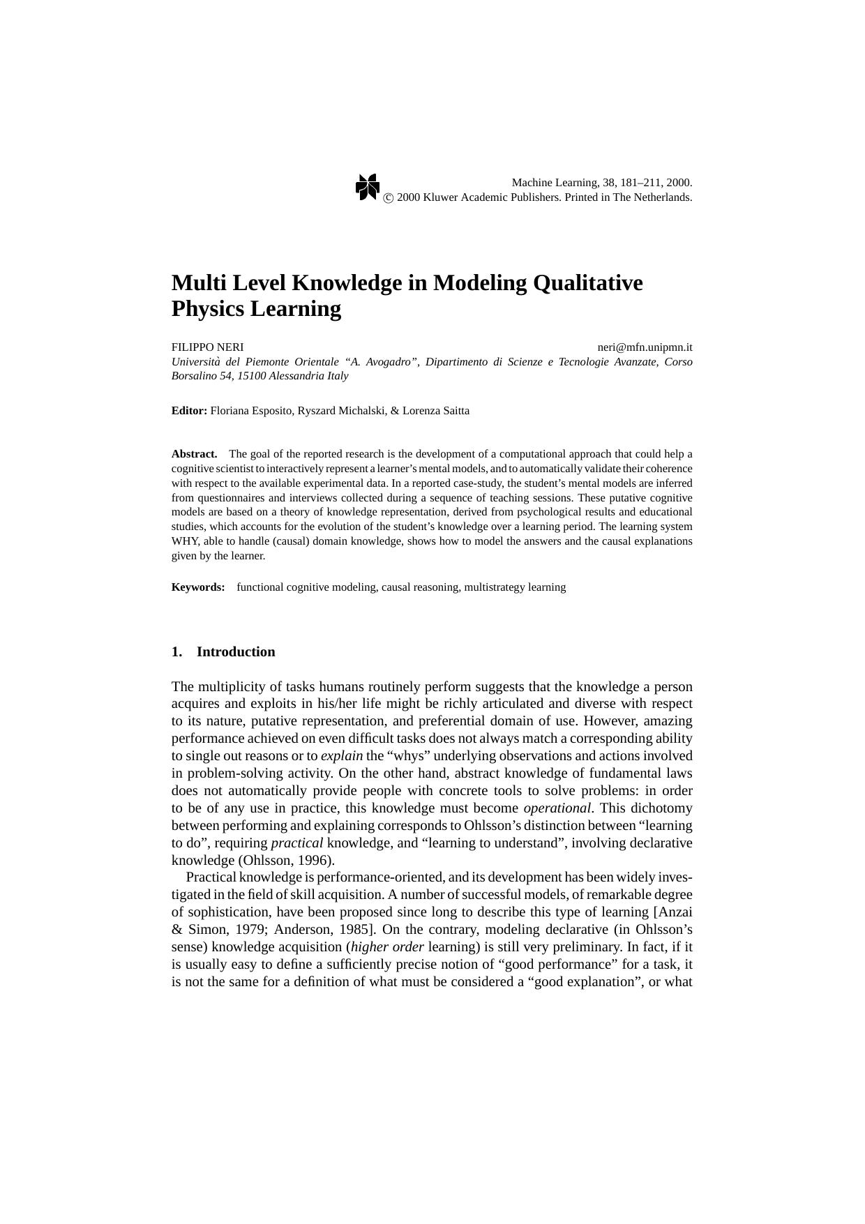 Multi Level Knowledge in Modeling Qualitative Physics Learning by Multi Level Knowledge in Modeling Qualitative Physics Learning