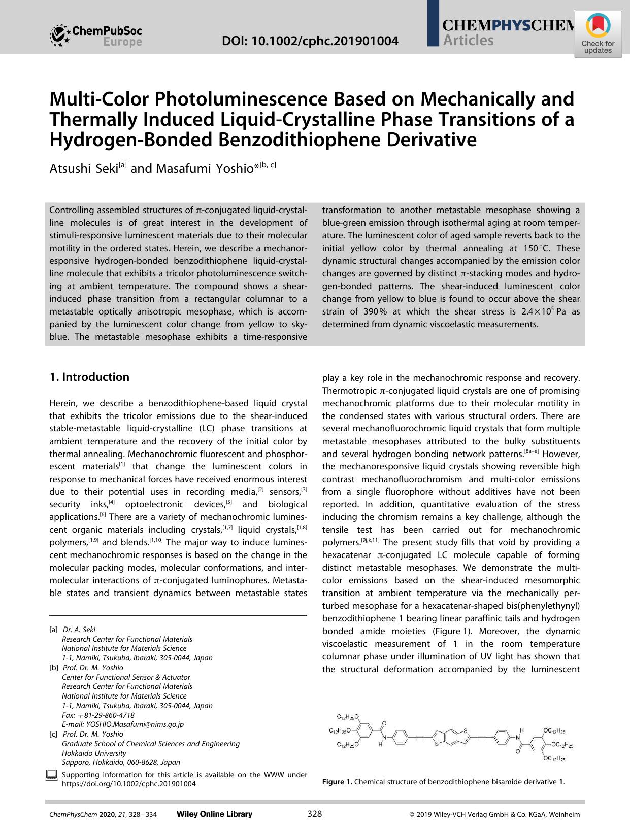 MultiâColor Photoluminescence Based on Mechanically and Thermally Induced LiquidâCrystalline Phase Transitions of a HydrogenâBonded Benzodithiophene Derivative by Unknown