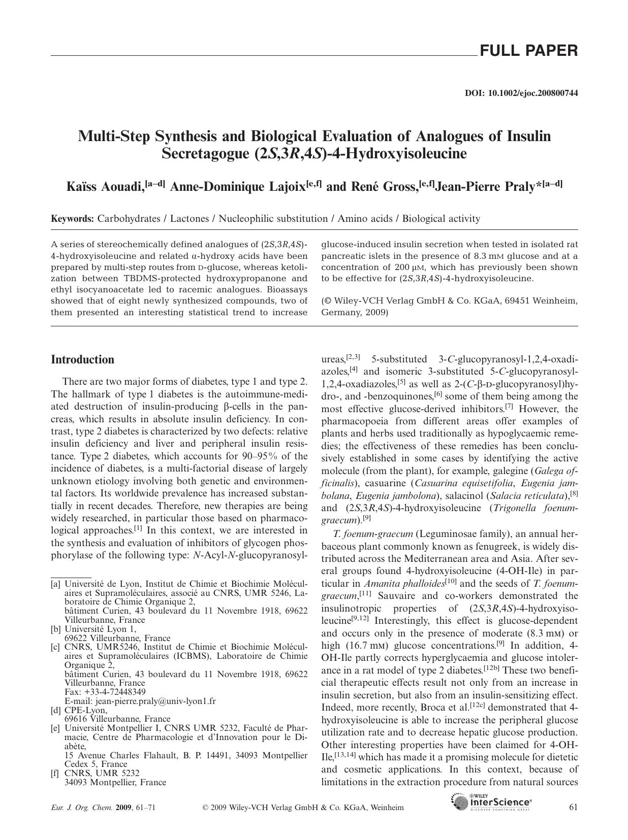 Multi-Step Synthesis and Biological Evaluation of Analogues of Insulin Secretagogue (2S,3R,4S)-4-Hydroxyisoleucine by Unknown