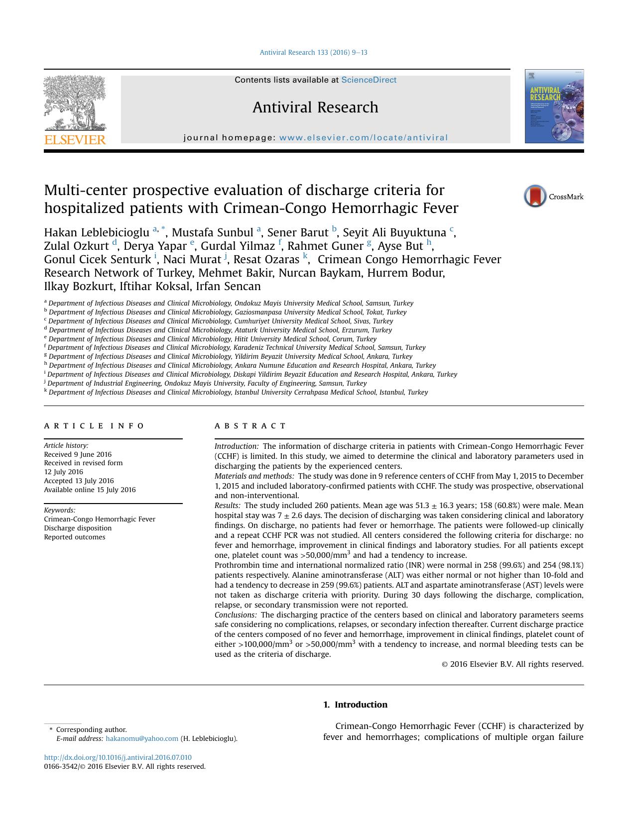 Multi-center prospective evaluation of discharge criteria for hospitalized patients with Crimean-Congo Hemorrhagic Fever by unknow