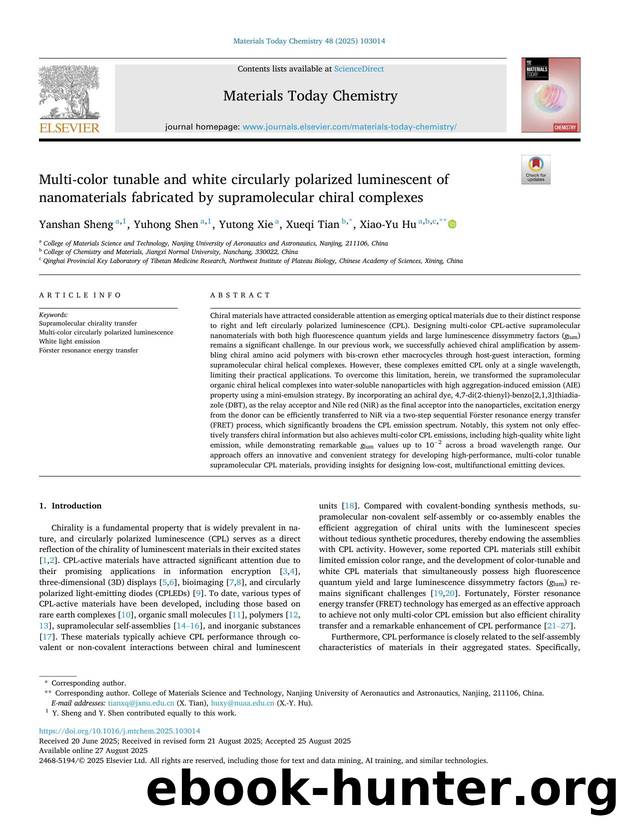 Multi-color tunable and white circularly polarized luminescent of nanomaterials fabricated by supramolecular chiral complexes by Yanshan Sheng & Yuhong Shen & Yutong Xie & Xueqi Tian & Xiao-Yu Hu