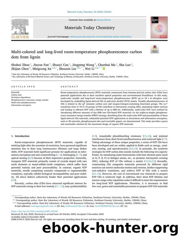 Multi-colored and long-lived room-temperature phosphorescence carbon dots from lignin by unknow