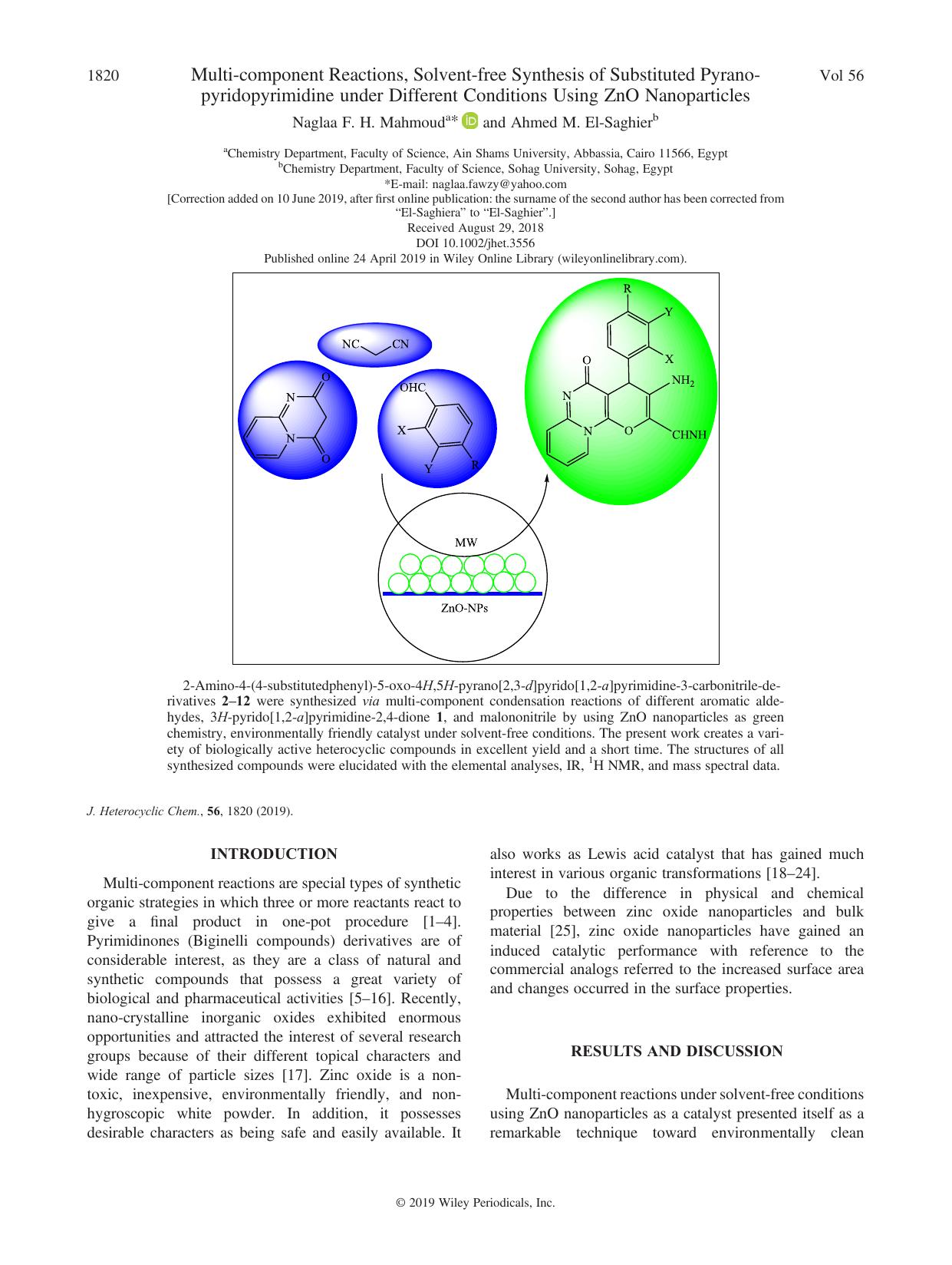 Multi-component Reactions, Solvent-free Synthesis of Substituted Pyrano-pyridopyrimidine under Different Conditions Using ZnO Nanoparticles by Naglaa F. H. Mahmoud & Ahmed M. El-Saghier