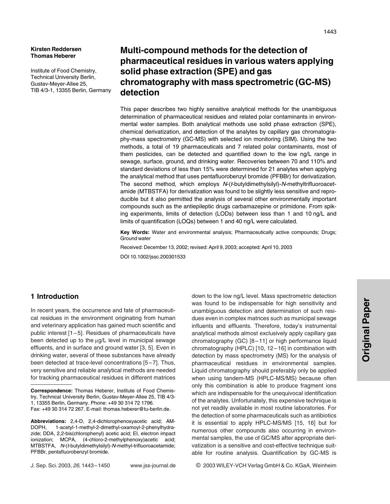 Multi-compound methods for the detection of pharmaceutical residues in various waters applying solid phase extraction (SPE) and gas chromatography with mass spectrometric (GC-MS) detection by Unknown