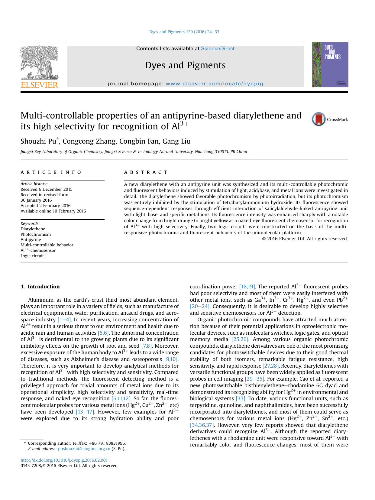Multi-controllable properties of an antipyrine-based diarylethene and its high selectivity for recognition of Al3+ by Shouzhi Pu & Congcong Zhang & Congbin Fan & Gang Liu