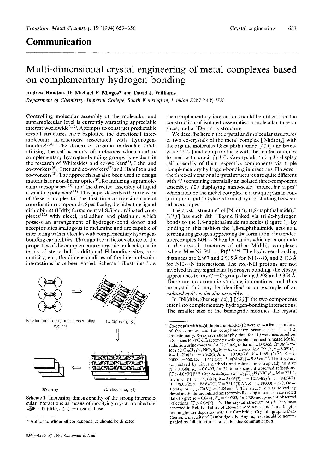 Multi-dimensional crystal engineering of metal complexes based on complementary hydrogen bonding by Unknown