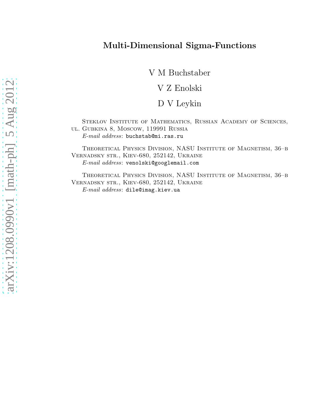 Multi-dimensional sigma-functions by Buchstaber V.M. Enolski V.Z. Leykin D.V