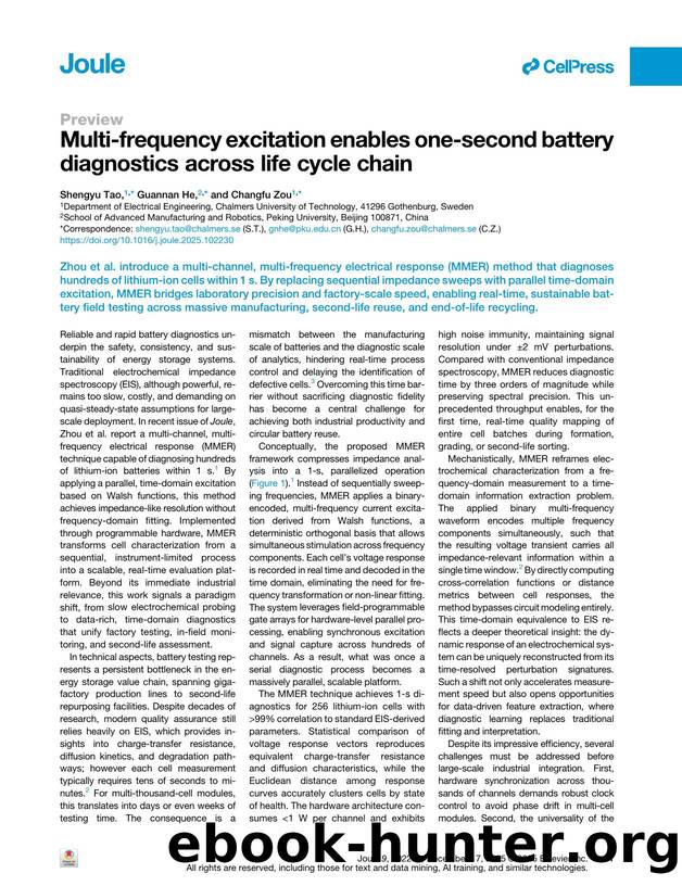 Multi-frequency excitation enables one-second battery diagnostics across life cycle chain by Shengyu Tao & Guannan He & Changfu Zou